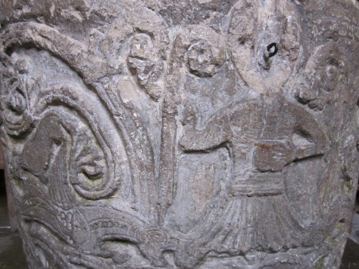 Christ as dragon slayer, carved font, Avebury church